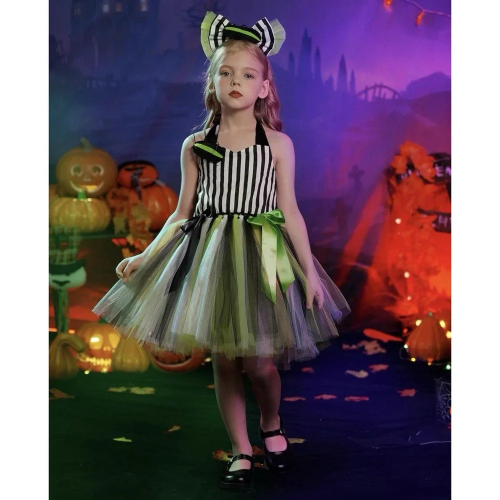 Girls Beetlejuice Inspired Halloween Costume Tutu Dress & Headband Set Green 5-6
